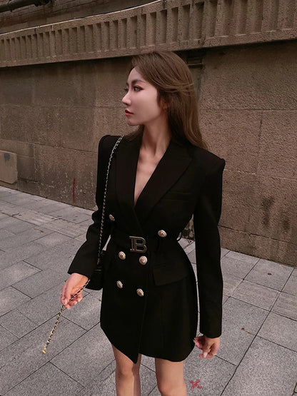 Office Lady Double Breasted Blazer Dress Women Spring Notched Long Sleeve White Black Mini Dresses Vestidos