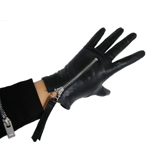 DooWay Black Women's Tassel GLOVES Short Wrist Real Leather TECH Genuine Lambskin Zipper Evening Party Driving Winter Warm Glove