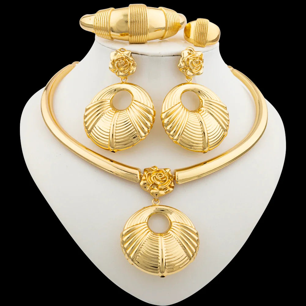 Conjunto de joyas africanas bañadas en oro de 18 quilates para mujer, pendientes de aro y colgante, brazalete, anillo y joyería para bodas en color dorado italiano