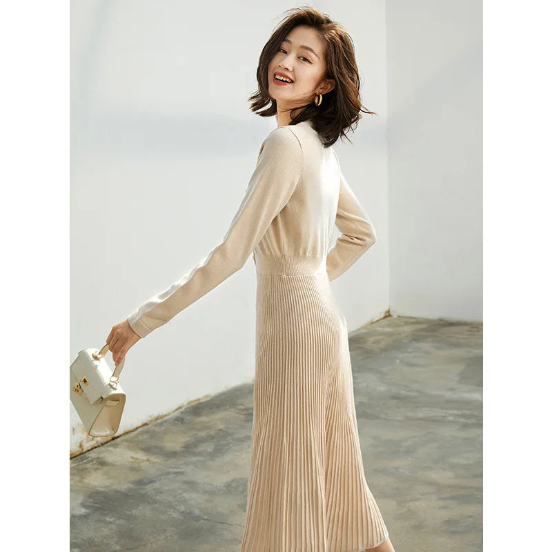 Birdtree 33%Sheep Wool Autumn Atmosphere Overlay Dress For Women Long Sleeve Mid Length Outwear Elegant Pleated Dress D3N170QC