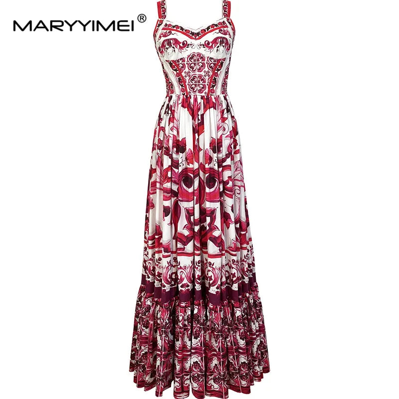 MARYYIMEI Robe longue en pur coton à bretelles spaghetti pour femme