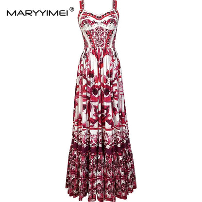 MARYYIMEI Fashion Women Pure cotton dress Spaghetti Strap Print long Dresses