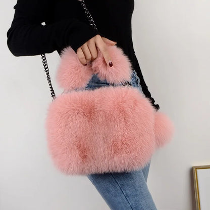 Fashion Plush Ladies Handbags Large Capaicty Sling Bags Messenger Bags Girls Satchels New Genuine Fur Women Shoulder Bag