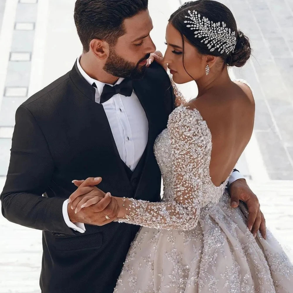 Modest O-neck Long Sleeve Bride Dress Sparkly Sequins Wedding Gown 2024 Dubai Luxury Ball Gown Long Bride Robe Vestido De Novia