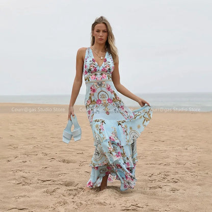 Vestido largo de seda azul con escote en V, sin mangas y cintura alta, estilo festivo, de la nobleza australiana