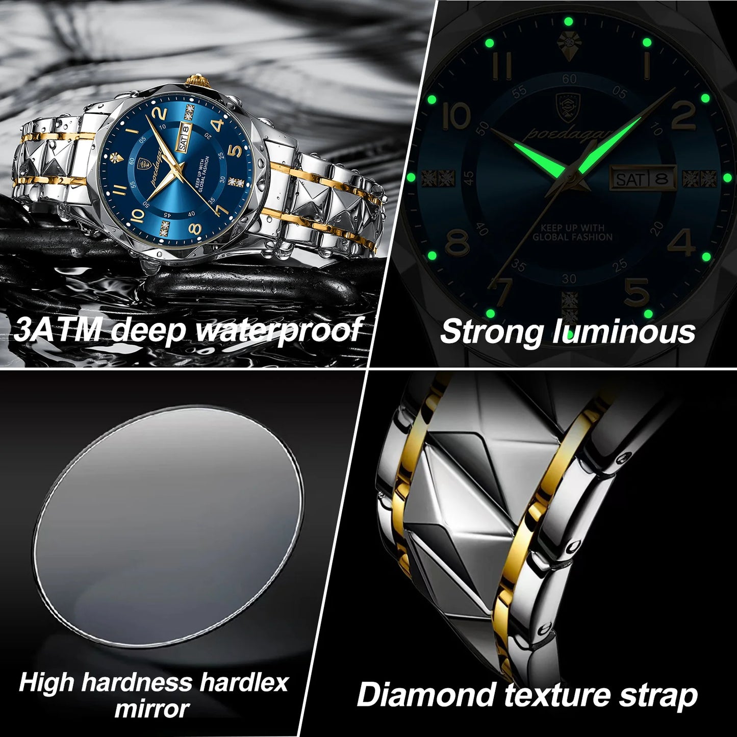 POEDAGAR Montre-bracelet de luxe pour homme, étanche, lumineuse, date, semaine, sport, acier inoxydable, quartz, montres pour homme, reloj + boîte