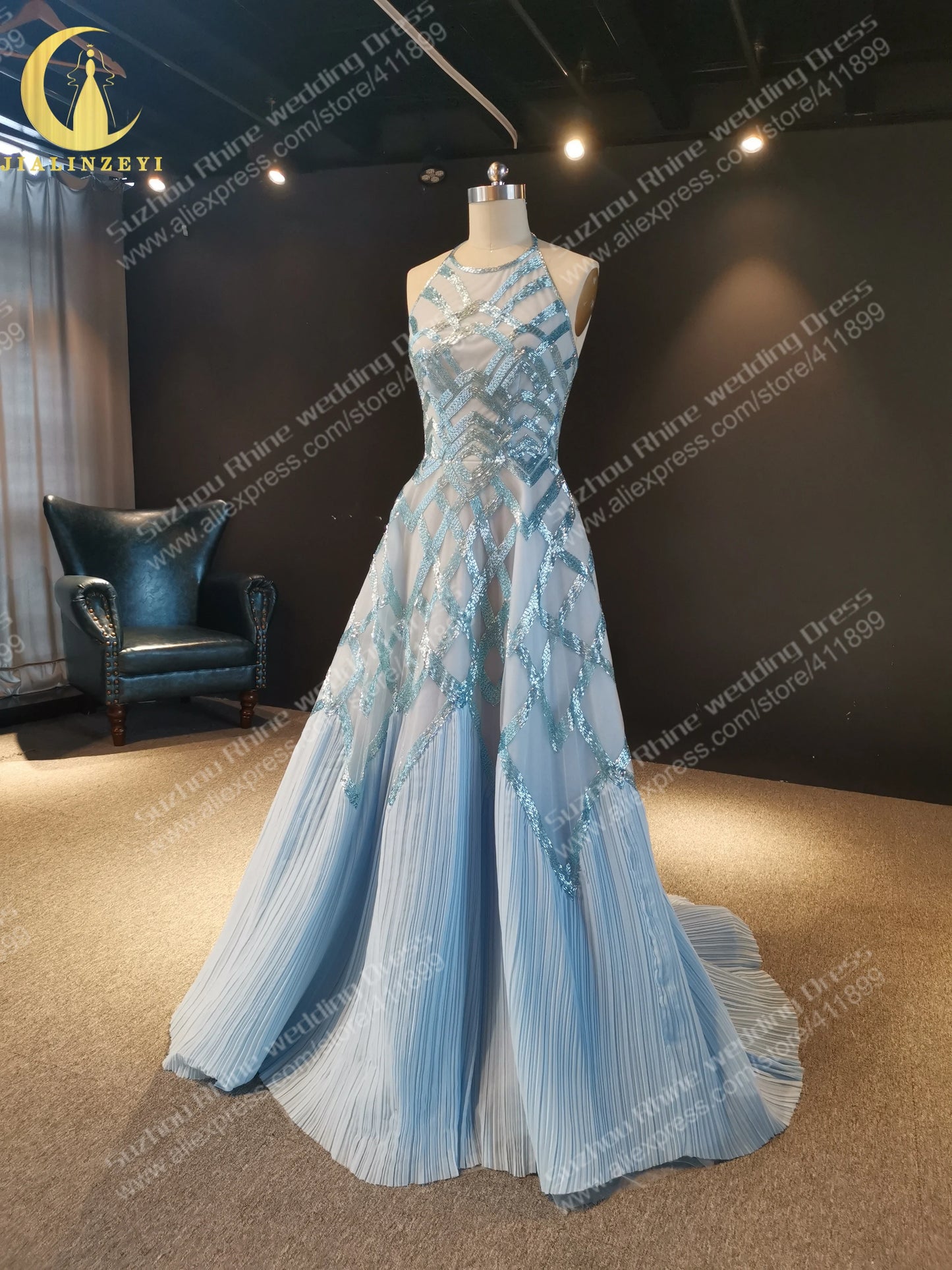 1235 Rhin Halter Bleu Luxueux Perlé A-ligne Mode robe de soirée de mariage فساتين السهرة فساتين السهرة Robe de soirée