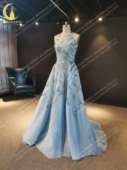 1235 Rhine Halter Blue Luxurious Beaded A-line Fahion robe de soirée de mariage فساتين السهرة فساتين السهرة Evening dress