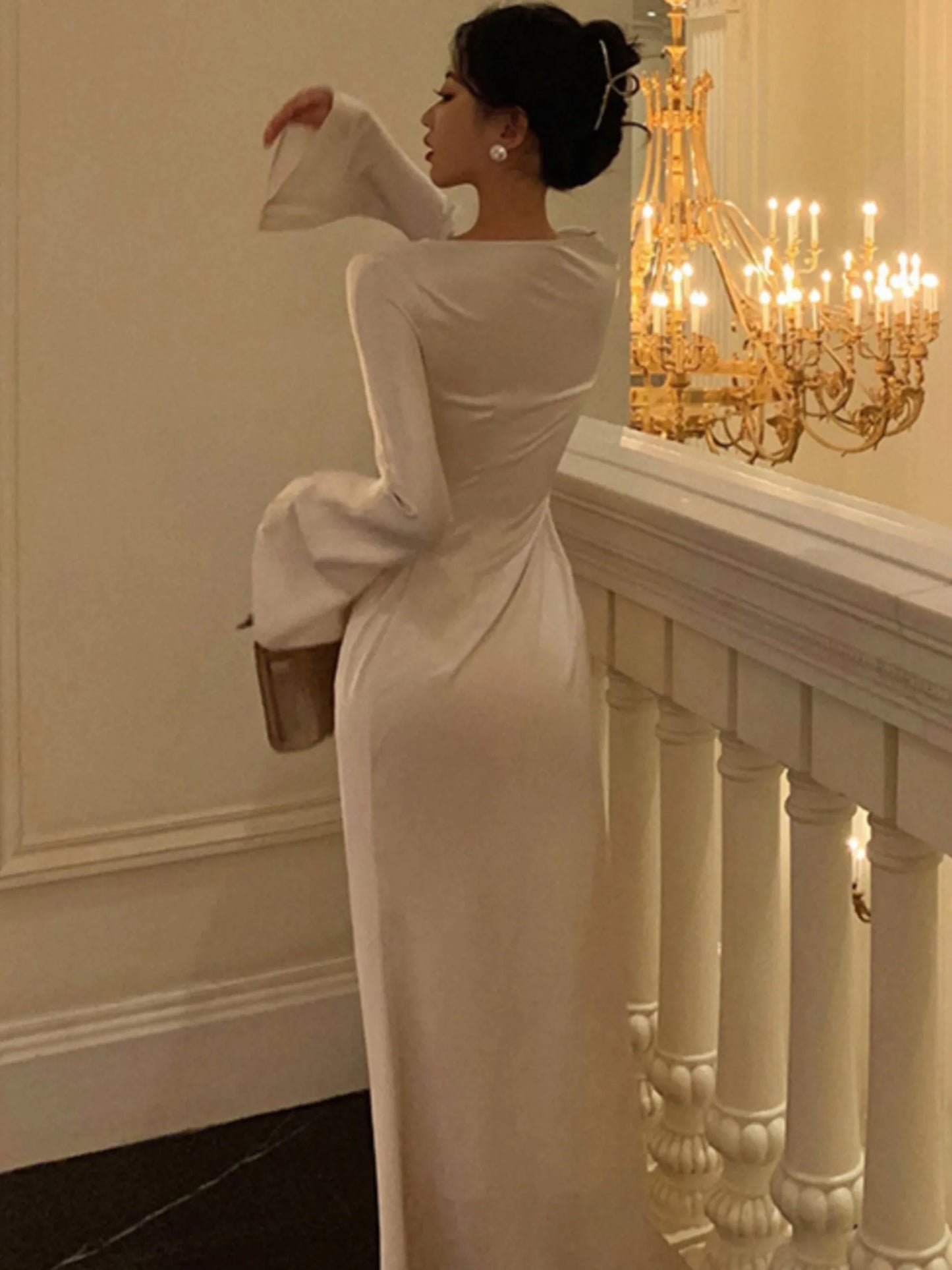 Elegant Flare Sleeve Wedding Mermaid Long Dress Women Spring Autumn French Vintage Slim One Piece Party Robe Mujers Clothes