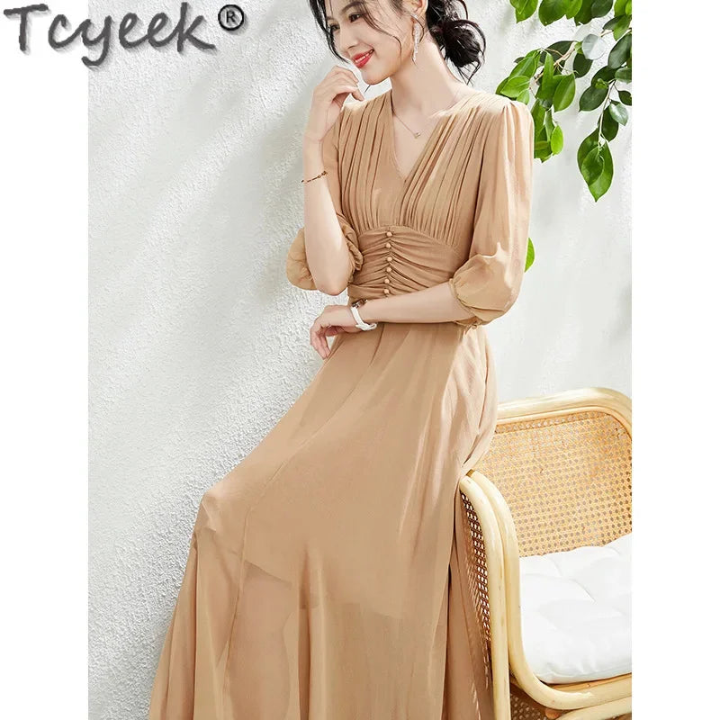 Heavyweight Tcyeek 100% Mulberry Silk Long Dress Women Clothing Elegant and Pretty Women's Fashion Summer Dresses 2024