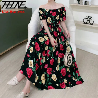 THHONE Vestidos Robe Maxi Long Dress Women Summer Indian Clothes Bohemian Cotton Linen Floral Short Sleeve Korean Style Casual