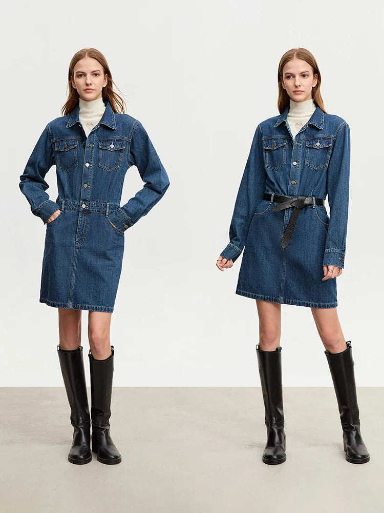 AMII Minimalist Fashion Women Denim Dress 2023 Winter New Short Safari Style Long Sleeve Pullover Mini Shirt Vestidos 12343408