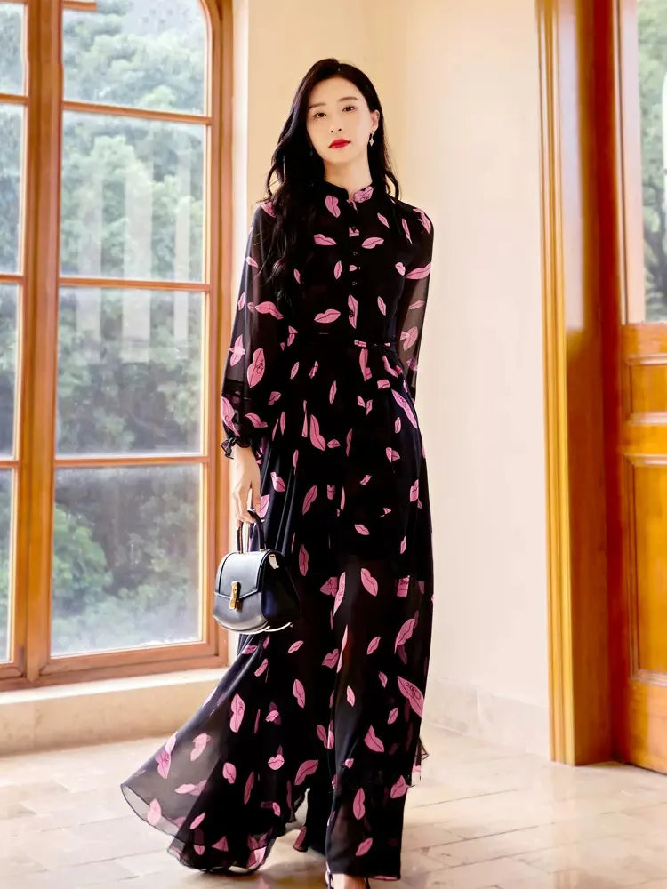 New Women Spring Summer Print Holiday Dress Fashion Stand Collar Long Sleeve Ankle-Length Dress Elegant Flowing Beach Dress