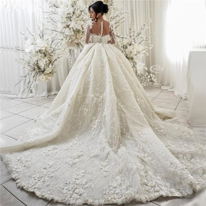 Exquisite 3D Flowers Applique Wedding Dresses Fashion Long Sleeves Sweetheart Ball Gowns Beads Bridal Dresses Vestido De Novia