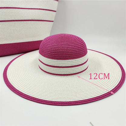 Sombrero de paja de verano de dos piezas y tres piezas, moda a rayas, bolso de gran capacidad y sombrero de sol de parte superior redonda para mujer, Panamá Jazz Beach