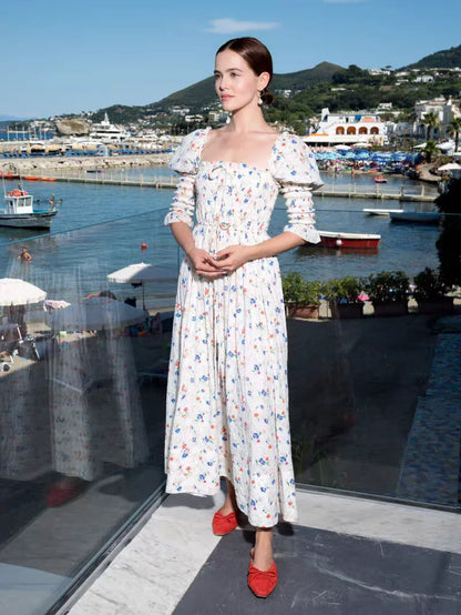 Vestido largo con mangas abullonadas, cuello plisado, cintura alta y estampado floral romántico con diseño de vacaciones francés para primavera y verano