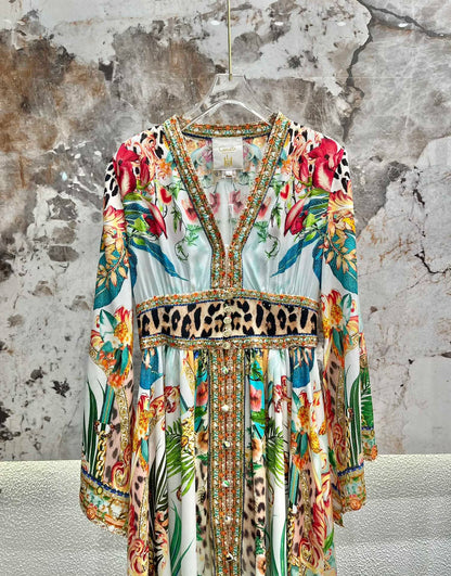 Women V-Neck Beaded Leopard and Flower Printed Slim Fit Long Sleeve 100% Silk Maxi Dress