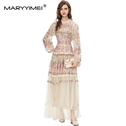 MARYYIMEI New 2023 Vintage Fashion Designer Dress Women's Mesh Embroidered Translucent Lantern Sleeve Slim White Long Dress