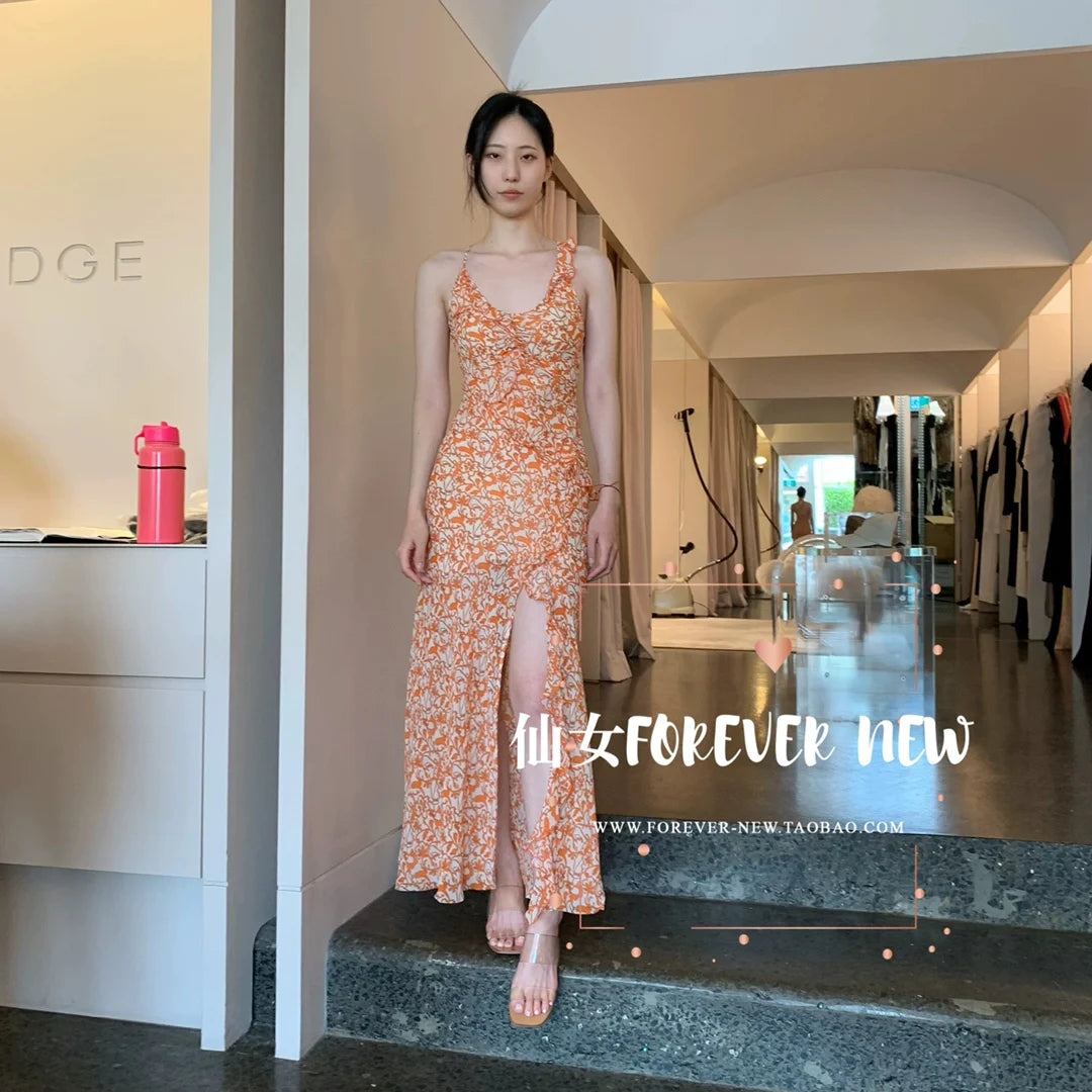 Vestido largo de verano 2024 con tirantes y escote en V y estampado de flores para mujer