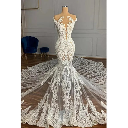 Elegant Strapless Lace Appliques Wedding Dresses Exquisite White Sleeveless Beads Mermaid Gowns Chic Chapel Train Bride Dresses