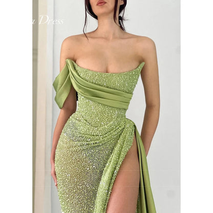 Anna Green Robes de soirée Robe de soirée élégante de luxe 2024 Robes de gala à fente latérale Femme 2024 pour la fête Épaules dénudées Brillant