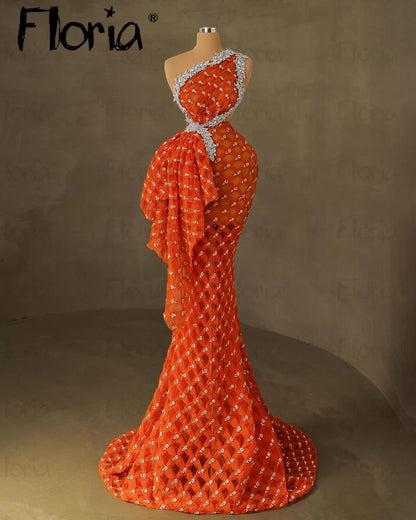 Superbe robe de soirée de concours orange à une épaule sans manches robe de cocktail sirène robe de soirée d'anniversaire pour femme personnalisable grande taille