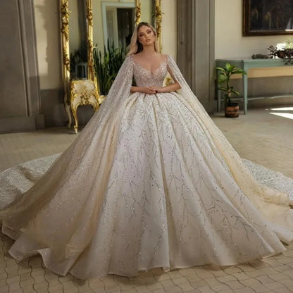 Luxury Shiny Ball Gown Wedding Dress Beading Appliques With Cape Princess Bridal Gown Robe De Mariage