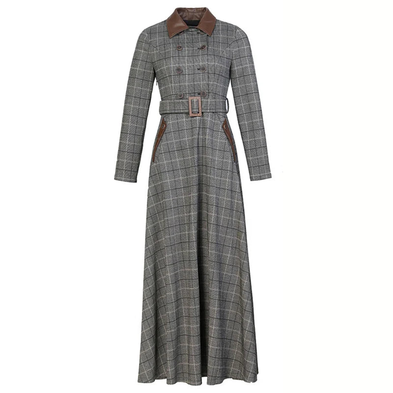 New Women Spring Autumn Long Plaid Dress Fashion Patchwork Turn-down Collar Long Sleeve Slim Dress Simplicity Casual Gray Dress