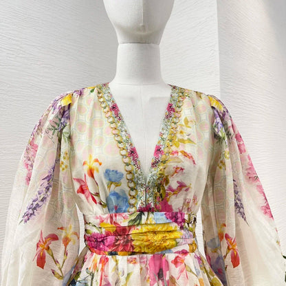 Minivestido de lino y seda de alta calidad con estampado floral multicolor, manga larga, escote en V, diamantes, prensado, elástico y fruncido para mujer