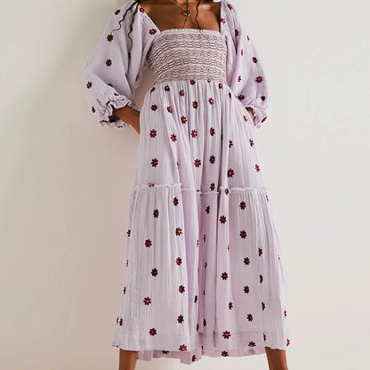 Robe longue trapèze à volants style plage pour femme, tenue de soirée bohème à fleurs, col carré, manches longues