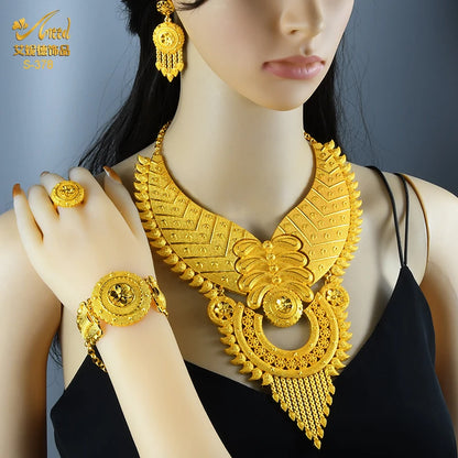 ANIID Indian Big Gold Color Jewelry Women Necklace Sets Dubai African Party Bridal Wedding Gifts Arabic Necklace Jewelry Sets