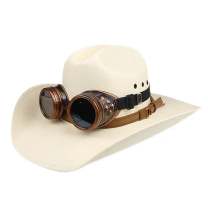 Sombrero de vaquero y vaquera de ala ancha estilo retro con gafas de bronce para mujer y hombre, estilo playa de Yellowstone, estilo western americano, con pinzas en la parte delantera, 57-61 cm