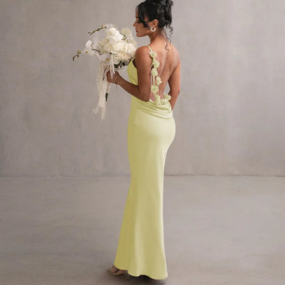 Elegante vestido de invitada de boda con flores en 3D para mujer, vestido largo de satén sin espalda con tirantes finos para fiesta de noche y regreso a casa