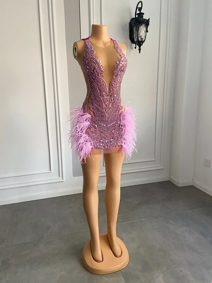 Pink Rhinestone Short Prom Dresses 2023 For African Black Girls Birthday Cocktail Exclusive Beads Diamond Women Party Gowns