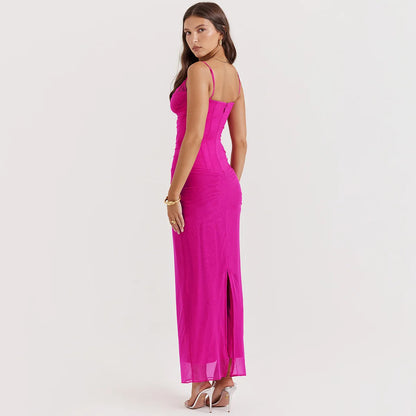 Robe longue d'été rose pour femme, tenue de soirée moulante en maille avec désossage, tenue de fête d'anniversaire, robe d'événement sexy de haute qualité