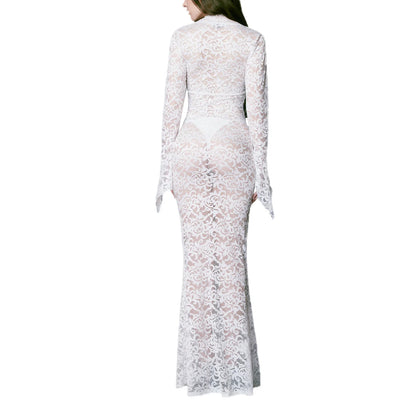 Women Long Fitted Dress Long Sleeve V Neck See-though Evening Dress Lace Floral Party Dress