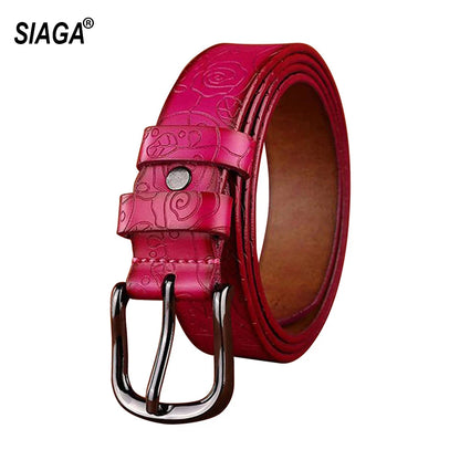 Fashion Design Floral Pattern Rose Red Genuine Leather Female Belt Women's Pin Buckle Metal Belts 28mm Wide 2023 FCO082