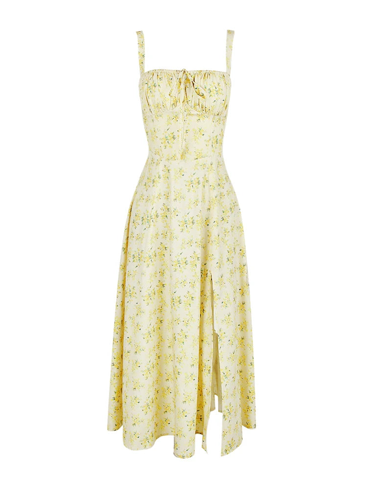 Oligai Summer Dresses for Women 2024 Elegant Long Party Dresses Yellow Flower Print Spaghetti Strap Casual Dress Midi Vestidos