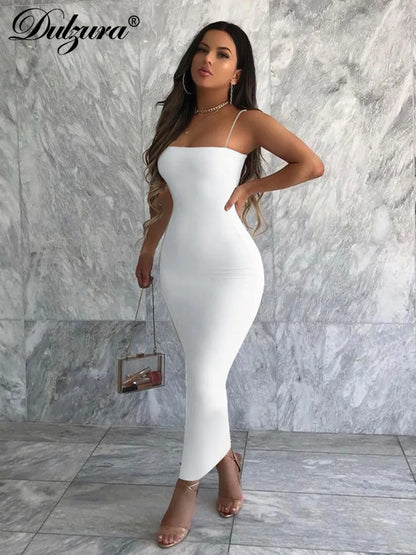 Dulzura 2023 Automne Hiver Femmes Solide Blanc Noir Sangle Robe Midi Moulante Sexy Streetwear Fête Club Élégant Vêtements De Mode