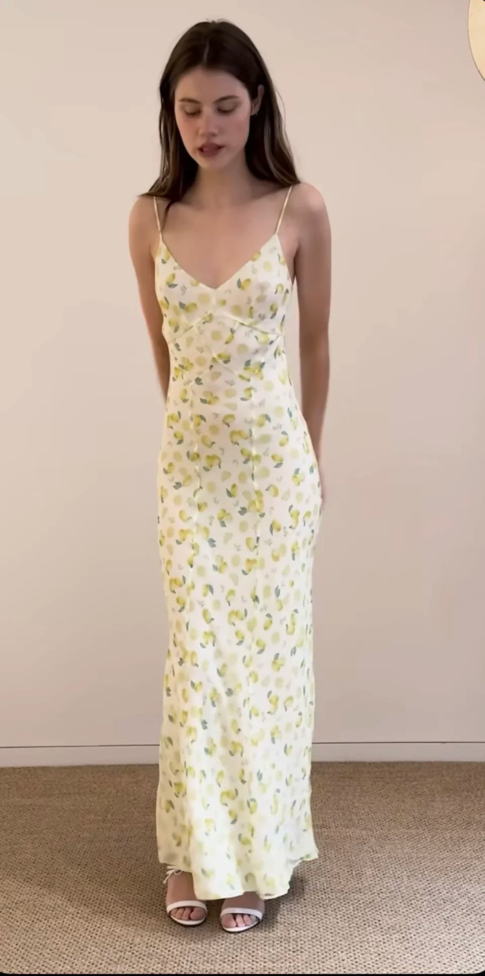 100% Silk Women Lemon Printed Strapless Diagonal Cut Spaghetti Strap Long Dress