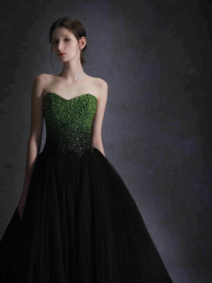 Robe de soirée vintage noire et verte sans bretelles, luxueuse robe de cocktail de mariage en tulle plissé avec perles faites à la main