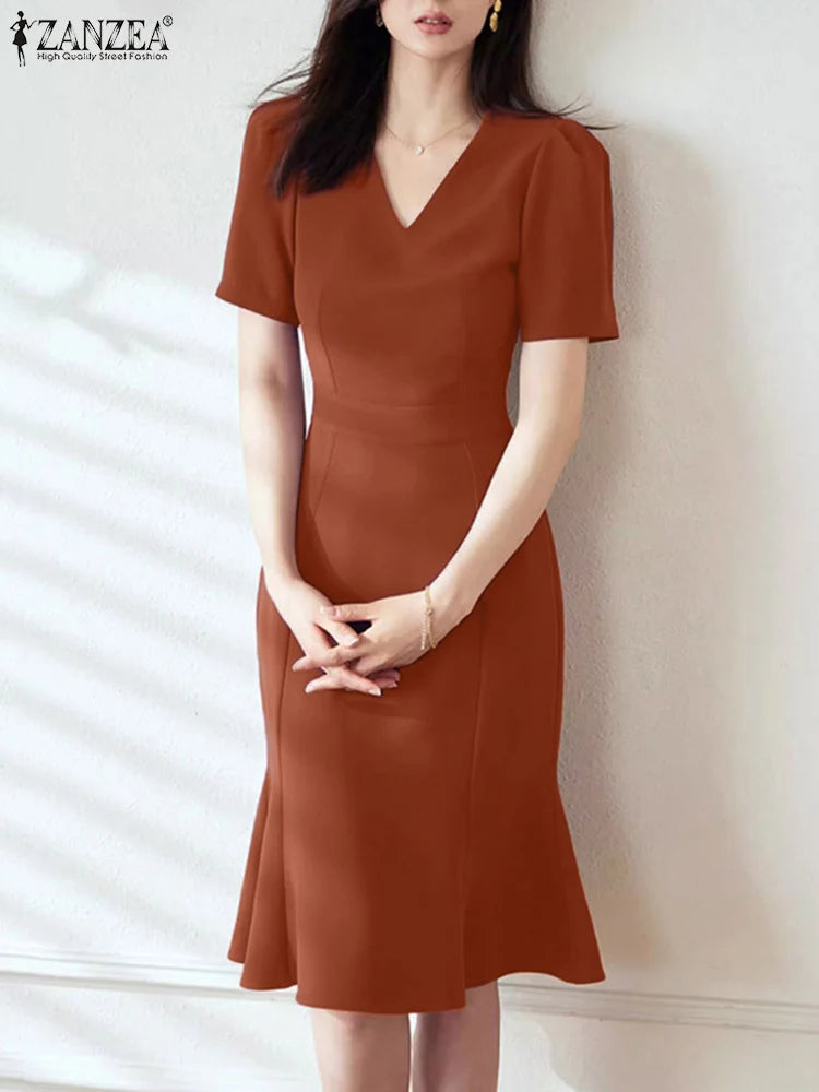 ZANZEA Elegant V Neck Slim Fit Dress Women Summer Party Sundress Office OL Vestidos Short Sleeve Work Robe Stylish Dresses 2024