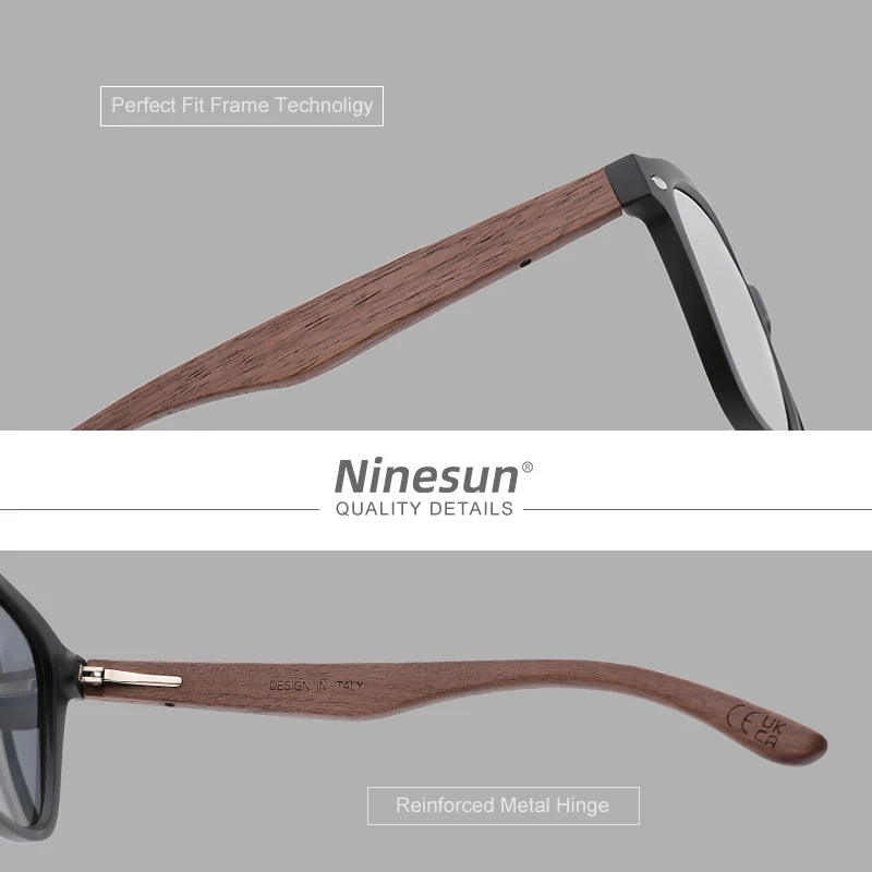 NINESUN Lunettes de soleil carrées tendance pour femmes, verres polarisés UV400, verres miroir, lunettes en bois, lunettes de sport pour hommes de haute qualité