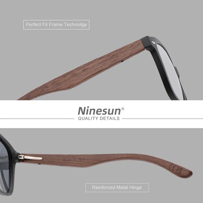 NINESUN Lunettes de soleil carrées tendance pour femmes, verres polarisés UV400, verres miroir, lunettes en bois, lunettes de sport pour hommes de haute qualité