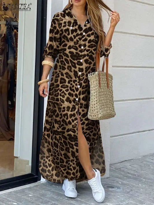 ZANZEA Party Vintage Leopard Robe 2023 Automne Casual Manches Longues Maxi Longue Robes Robe Mode Surdimensionné Femmes Chemise Robe D'été