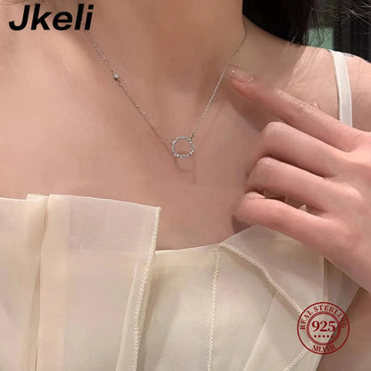 Jkeli -100% S925 Sterling Silver Plated 18K Gold Necklace with Full Diamond Circle Style Japanese and Korean K Gold Collar Chain