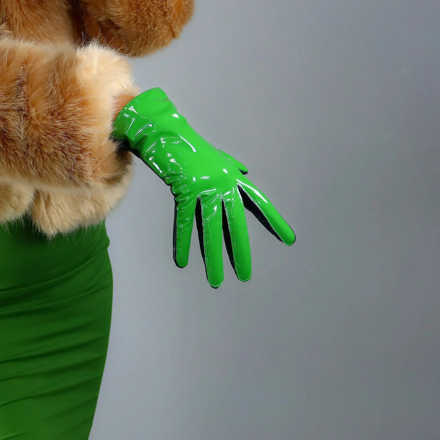 Guantes cortos de cuero DooWay para mujer, color negro brillante, verde, cálidos para el invierno, de piel de cabra genuina, de dos tonos, brillantes, para conducir, para celebridades