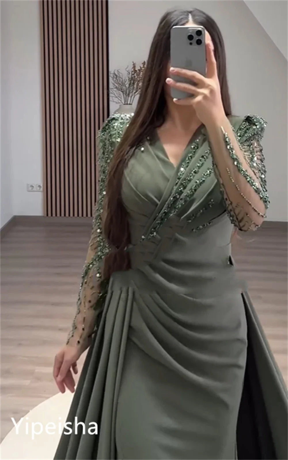 Evening  Sexy Casual  Jersey Sequined Beading Ruched Evening A-line V-neck Bespoke Occasion Gown Long Dresses