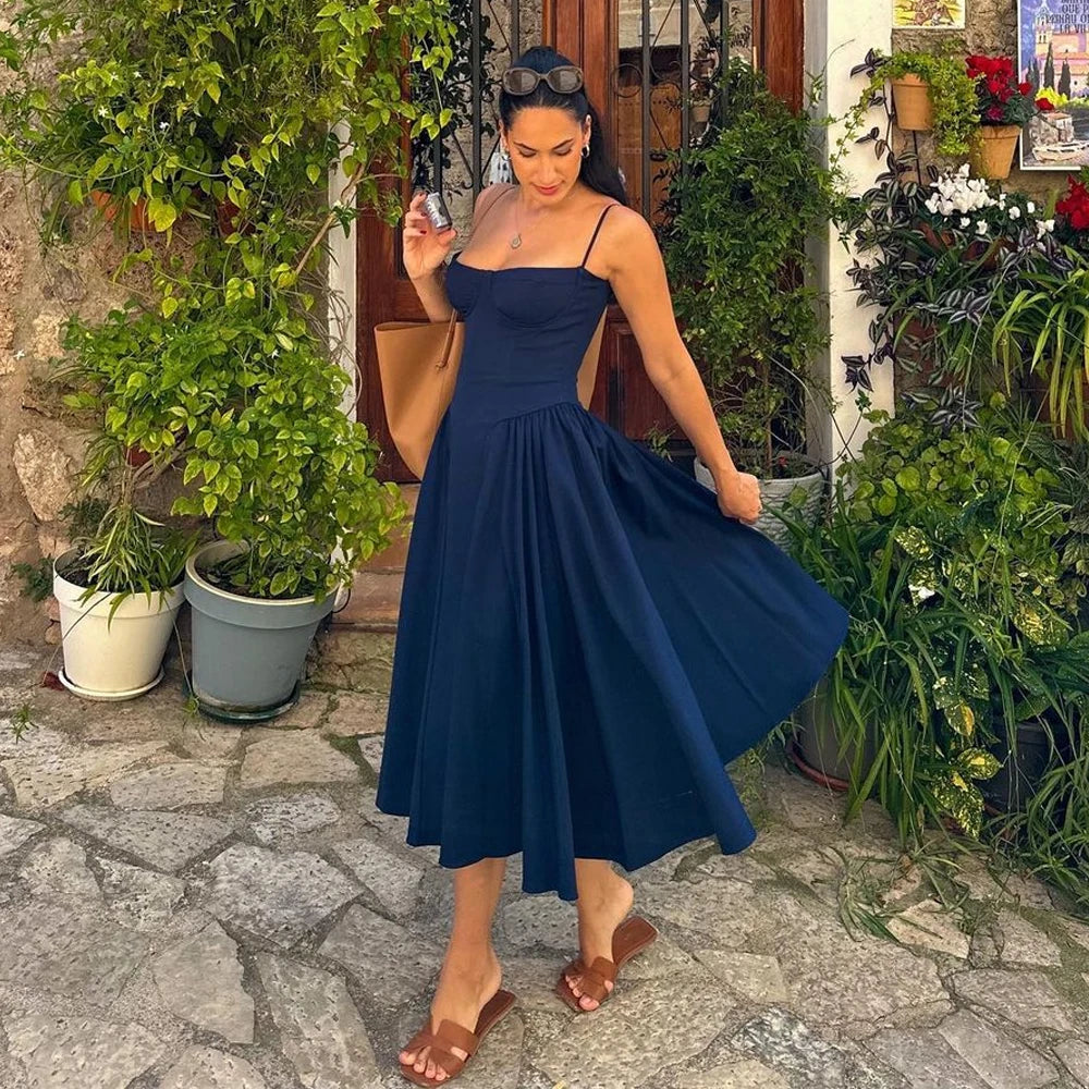 Mingmingxi Summer Elegant Midi A Line Dress Lovely V Neck Spagehetti Strap Holiday Party Dress Casual Women New Arrivals 2024