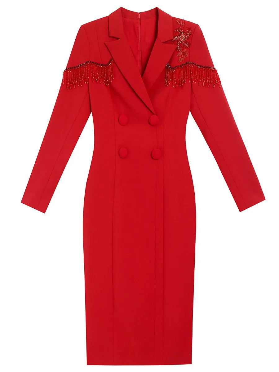 Vestido rojo para mujer Otoño 2024 nuevo traje cuello hecho a mano con cuentas ocasión formal manga larga vestidos de cadera mujeres 24041